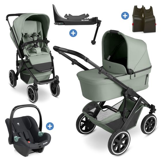 ABC Design Set Passeggino 4in1 Salsa 5 Air- incl. Navicella, Seggiolino auto Tulip Black, Base Isofix, Seggiolino Sportivo & Adattatore - Pine