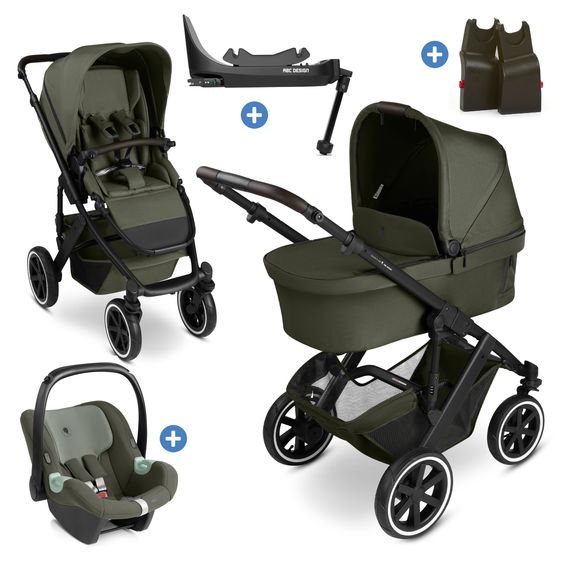 ABC Design Set Passeggino 4in1 Salsa 5 Air- incl. Navicella, Seggiolino auto Tulip Black, Base Isofix, Seggiolino Sportivo & Adattatore - Avocado