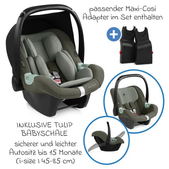 ABC Design Set Passeggino 4in1 Salsa 5 Air- incl. Navicella, Seggiolino auto Tulip Black, Base Isofix, Seggiolino Sportivo & Adattatore - Avocado
