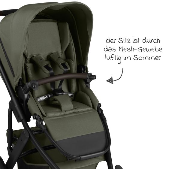 ABC Design Set Passeggino 4in1 Salsa 5 Air- incl. Navicella, Seggiolino auto Tulip Black, Base Isofix, Seggiolino Sportivo & Adattatore - Avocado