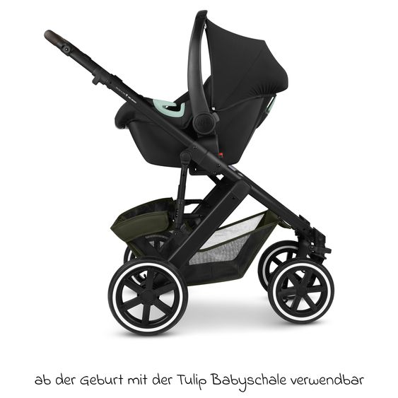 ABC Design Set Passeggino 4in1 Salsa 5 Air- incl. Navicella, Seggiolino auto Tulip Black, Base Isofix, Seggiolino Sportivo & Adattatore - Avocado