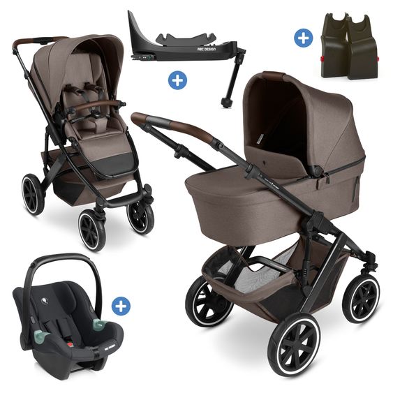 ABC Design Set Passeggino 4in1 Salsa 5 Air- incl. Navicella, Seggiolino auto Tulip Black, Base Isofix, Seggiolino Sportivo & Adattatore - Nature