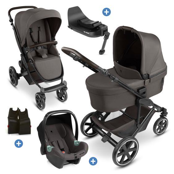 ABC Design Set de Poussette Combinée 4in1 Sierra All in One Set avec Nacelle Pliable, Siège Auto Bébé Tulip, Base Isofix, Siège Sport, Adaptateur - Noix
