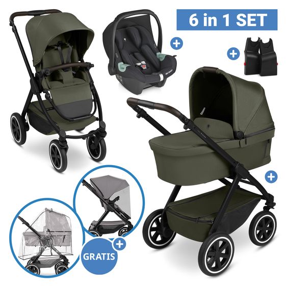 ABC Design 6in1 Kombi-Kinderwagen-Set Samba 2 inkl. Babywanne, Sportsitz, Babyschale Tulip, Adapter, Insektenschutz & Regenschutz - Pure - Avocado