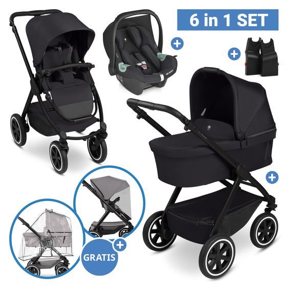 ABC Design 6in1 Kombi-Kinderwagen-Set Samba 2 inkl. Babywanne, Sportsitz, Babyschale Tulip, Adapter, Insektenschutz & Regenschutz - Pure - Coal