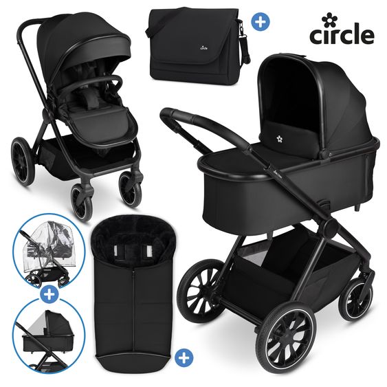 ABC Design Set di 7 pezzi per passeggino S Three Starter Set con navicella, seggiolino sportivo, adattatore, borsa fasciatoio Easy, coprigambe invernale, parapioggia e zanzariera - Nero