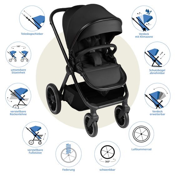 ABC Design Set di 7 pezzi per passeggino S Three Starter Set con navicella, seggiolino sportivo, adattatore, borsa fasciatoio Easy, coprigambe invernale, parapioggia e zanzariera - Nero