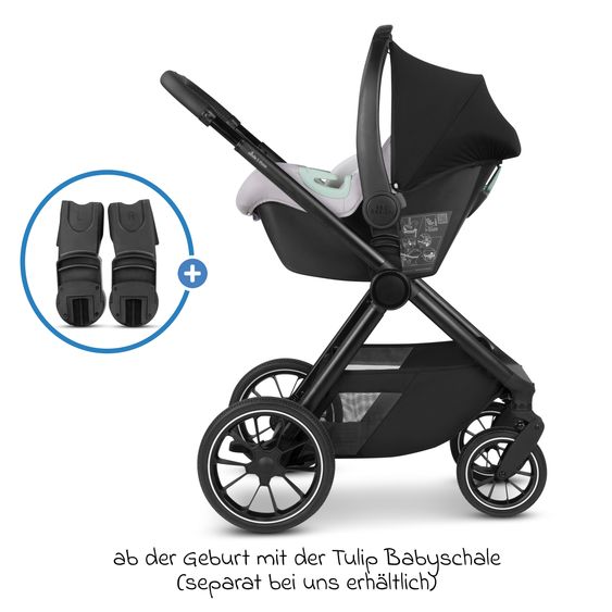 ABC Design Set di 7 pezzi per passeggino S Three Starter Set con navicella, seggiolino sportivo, adattatore, borsa fasciatoio Easy, coprigambe invernale, parapioggia e zanzariera - Nero