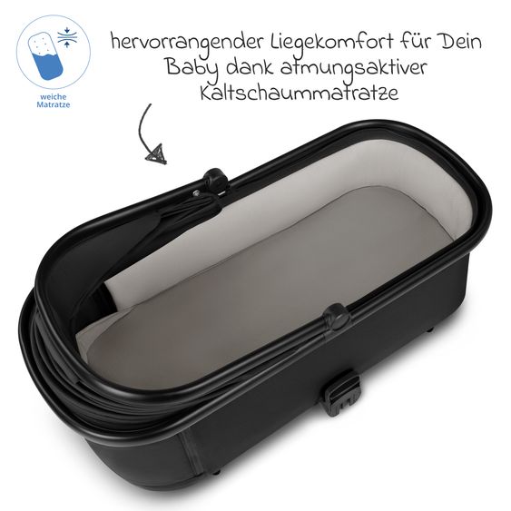 ABC Design Set di 7 pezzi per passeggino S Three Starter Set con navicella, seggiolino sportivo, adattatore, borsa fasciatoio Easy, coprigambe invernale, parapioggia e zanzariera - Nero