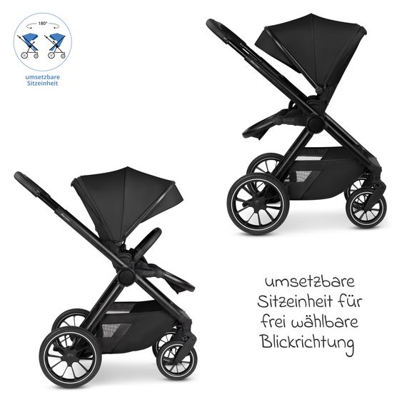 ABC Design Set di 7 pezzi per passeggino S Three Starter Set con navicella, seggiolino sportivo, adattatore, borsa fasciatoio Easy, coprigambe invernale, parapioggia e zanzariera - Nero