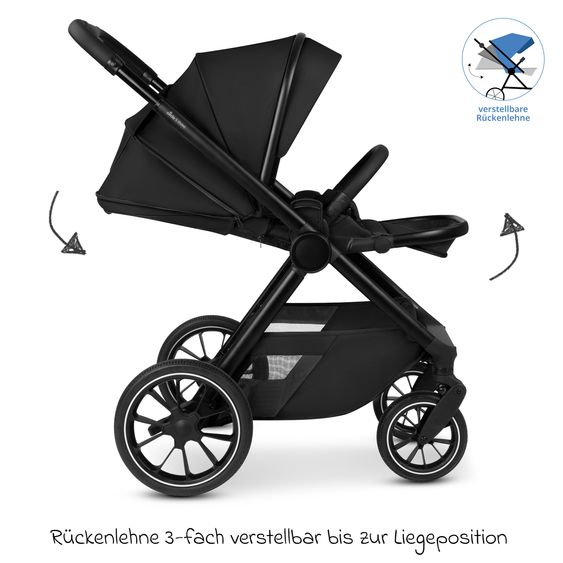 ABC Design Set di 7 pezzi per passeggino S Three Starter Set con navicella, seggiolino sportivo, adattatore, borsa fasciatoio Easy, coprigambe invernale, parapioggia e zanzariera - Nero