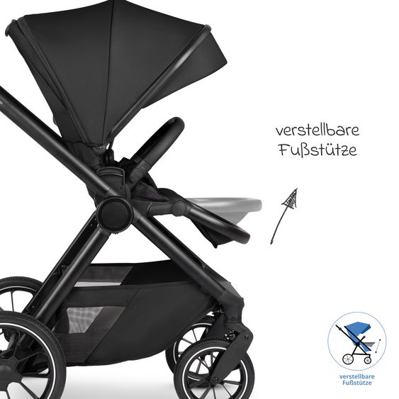 ABC Design Set di 7 pezzi per passeggino S Three Starter Set con navicella, seggiolino sportivo, adattatore, borsa fasciatoio Easy, coprigambe invernale, parapioggia e zanzariera - Nero