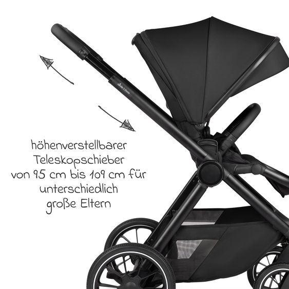 ABC Design Set di 7 pezzi per passeggino S Three Starter Set con navicella, seggiolino sportivo, adattatore, borsa fasciatoio Easy, coprigambe invernale, parapioggia e zanzariera - Nero