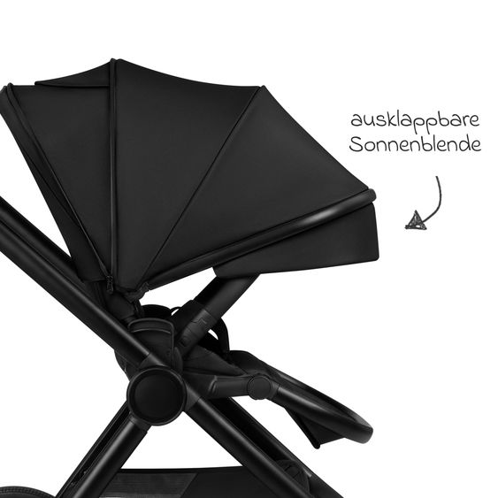 ABC Design Set di 7 pezzi per passeggino S Three Starter Set con navicella, seggiolino sportivo, adattatore, borsa fasciatoio Easy, coprigambe invernale, parapioggia e zanzariera - Nero