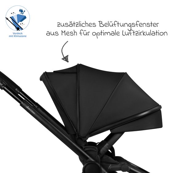 ABC Design Set di 7 pezzi per passeggino S Three Starter Set con navicella, seggiolino sportivo, adattatore, borsa fasciatoio Easy, coprigambe invernale, parapioggia e zanzariera - Nero