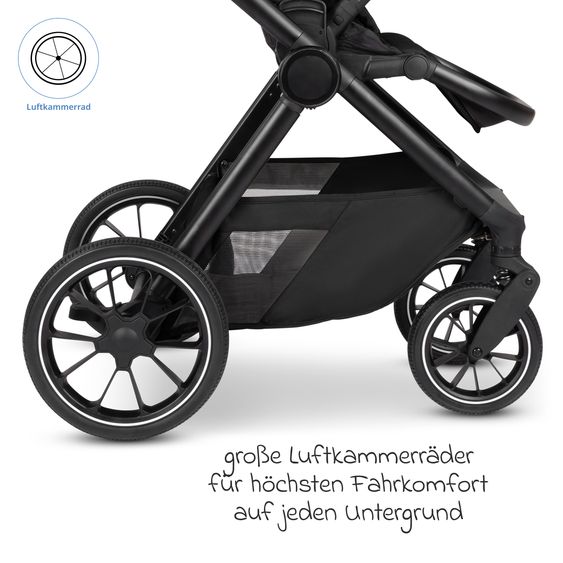 ABC Design Set di 7 pezzi per passeggino S Three Starter Set con navicella, seggiolino sportivo, adattatore, borsa fasciatoio Easy, coprigambe invernale, parapioggia e zanzariera - Nero