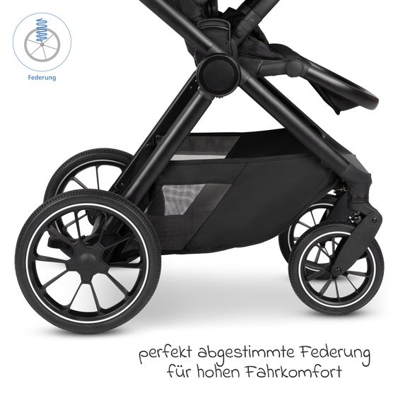 ABC Design Set di 7 pezzi per passeggino S Three Starter Set con navicella, seggiolino sportivo, adattatore, borsa fasciatoio Easy, coprigambe invernale, parapioggia e zanzariera - Nero