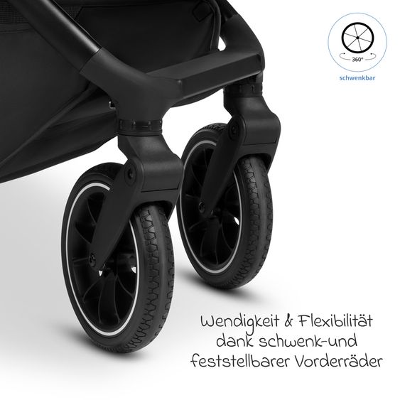 ABC Design Set di 7 pezzi per passeggino S Three Starter Set con navicella, seggiolino sportivo, adattatore, borsa fasciatoio Easy, coprigambe invernale, parapioggia e zanzariera - Nero