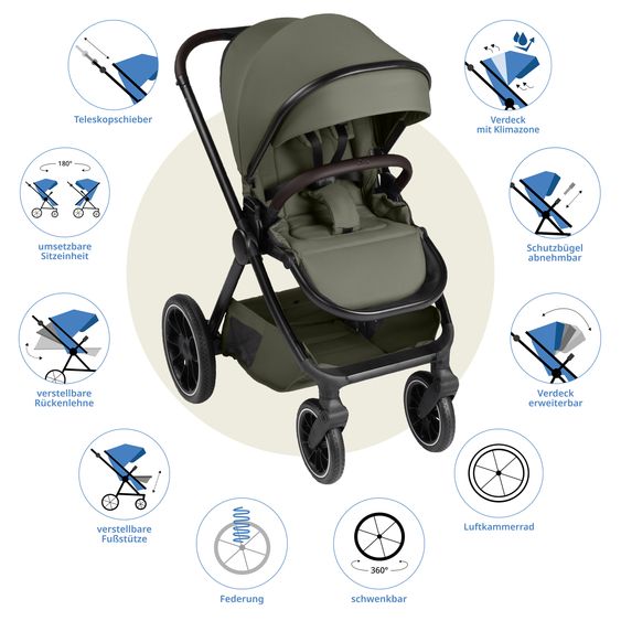 ABC Design Set di 7 pezzi per passeggino S Three Starter Set con navicella, seggiolino sportivo, adattatore, borsa fasciatoio Easy, coprigambe invernale, parapioggia e zanzariera - Grano