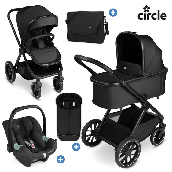 ABC Design Set di 8 pezzi per passeggino S Three Starter Set, comprensivo di navicella, seggiolino sportivo, seggiolino auto Tulip, adattatore, borsa fasciatoio Easy, coprigambe invernale, parapioggia e zanzariera - Nero
