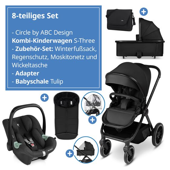 ABC Design Set di 8 pezzi per passeggino S Three Starter Set, comprensivo di navicella, seggiolino sportivo, seggiolino auto Tulip, adattatore, borsa fasciatoio Easy, coprigambe invernale, parapioggia e zanzariera - Nero