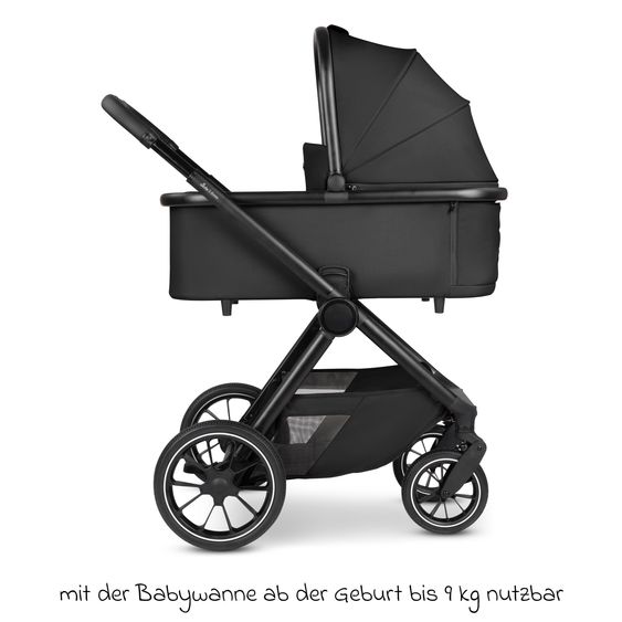 ABC Design Set di 8 pezzi per passeggino S Three Starter Set, comprensivo di navicella, seggiolino sportivo, seggiolino auto Tulip, adattatore, borsa fasciatoio Easy, coprigambe invernale, parapioggia e zanzariera - Nero