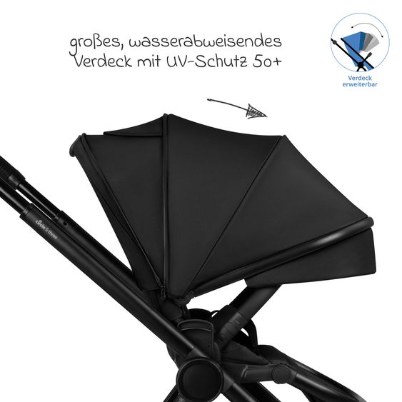 ABC Design Set di 8 pezzi per passeggino S Three Starter Set, comprensivo di navicella, seggiolino sportivo, seggiolino auto Tulip, adattatore, borsa fasciatoio Easy, coprigambe invernale, parapioggia e zanzariera - Nero
