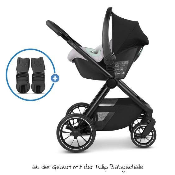 ABC Design Set di 8 pezzi per passeggino S Three Starter Set, comprensivo di navicella, seggiolino sportivo, seggiolino auto Tulip, adattatore, borsa fasciatoio Easy, coprigambe invernale, parapioggia e zanzariera - Nero