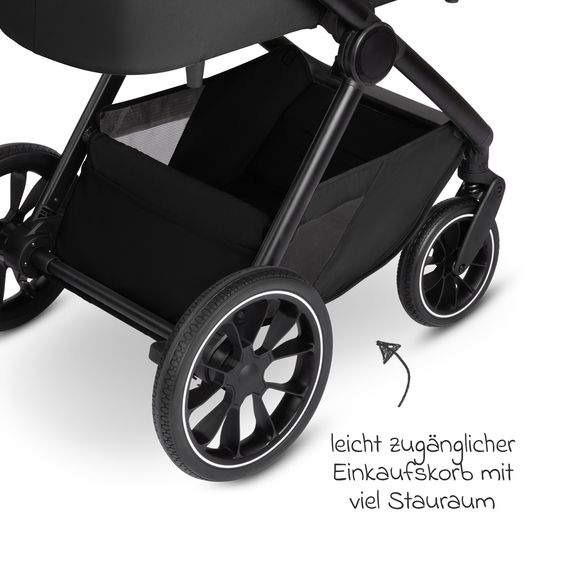 ABC Design Set di 8 pezzi per passeggino S Three Starter Set, comprensivo di navicella, seggiolino sportivo, seggiolino auto Tulip, adattatore, borsa fasciatoio Easy, coprigambe invernale, parapioggia e zanzariera - Nero