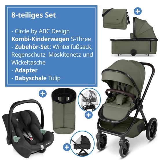 ABC Design Set di 8 pezzi per passeggino S Three Starter Set, comprensivo di navicella, seggiolino sportivo, seggiolino auto Tulip, adattatore, borsa fasciatoio Easy, coprigambe invernale, parapioggia e zanzariera - Grano