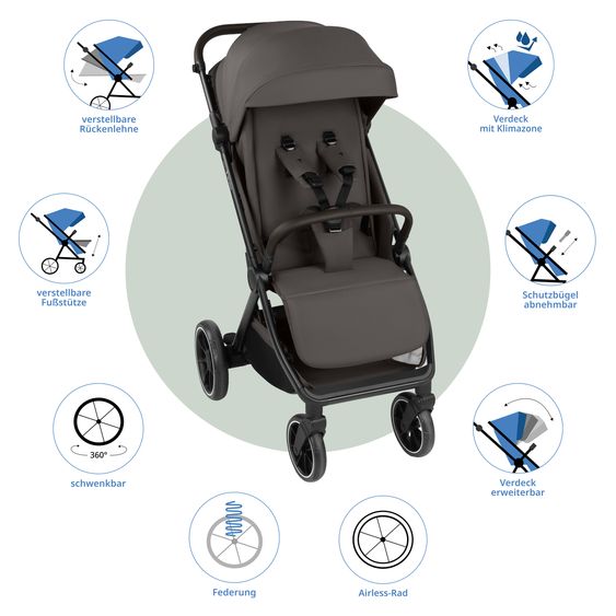 ABC Design Passeggino Leggero & Sportivo Avus 3 fino a 22 kg con piegatura a una mano e posizione sdraiata - Noce