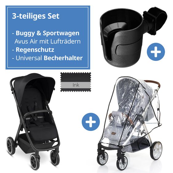 ABC Design Buggy & Sportwagen Avus Air mit Lufträder - Einhand-Faltung und höhenverstellbarem Schieber (bis 25 kg belastbar) inkl. Getränkehalter & Regenschutz - Ink