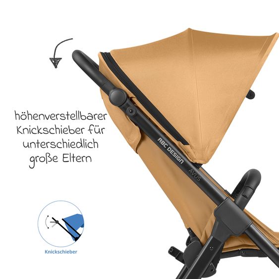 ABC Design Buggy & Sportwagen Avus inkl. Reboarder Pearl Pro 2 - mit Einhand-Faltung und höhenverstellbarem Schieber (bis 25 kg belastbar) - Honey