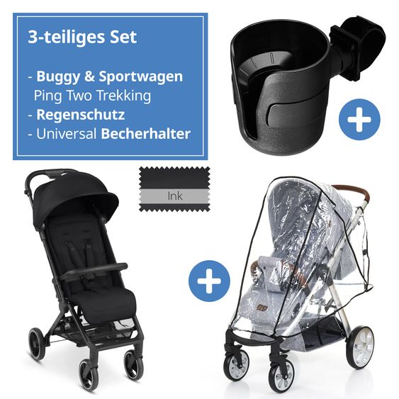 ABC Design Ping Two Trekking passeggino e carrozzina con posizione reclinabile in piano, navicella, tracolla, portabicchieri e parapioggia - Ink