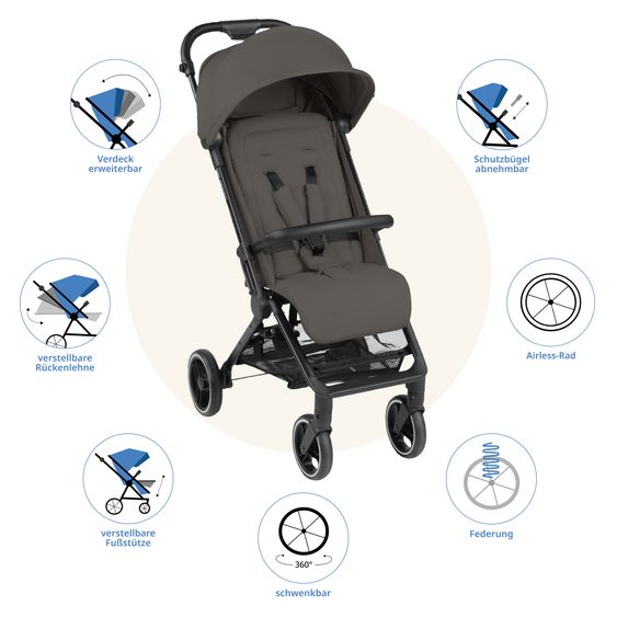 ABC Design Buggy & Sportwagen Ping Two Trekking mit flacher Liegeposition, Transporttasche und Tragegurt - Cloud