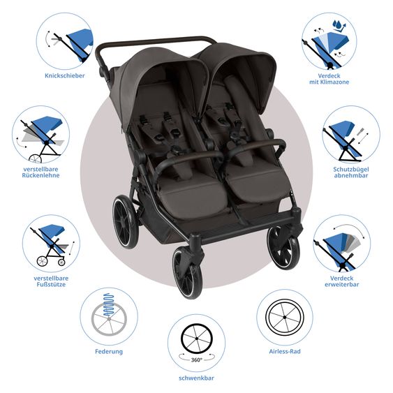 ABC Design Geschwister- & Zwillingskinderwagen Bayamo mit Liegeposition, Knickschieber - Nut