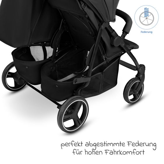 ABC Design Geschwister- & Zwillingskinderwagen D Two bis 22 kg Rücksitz mit Liegeposition und Einstiegshilfe - Black