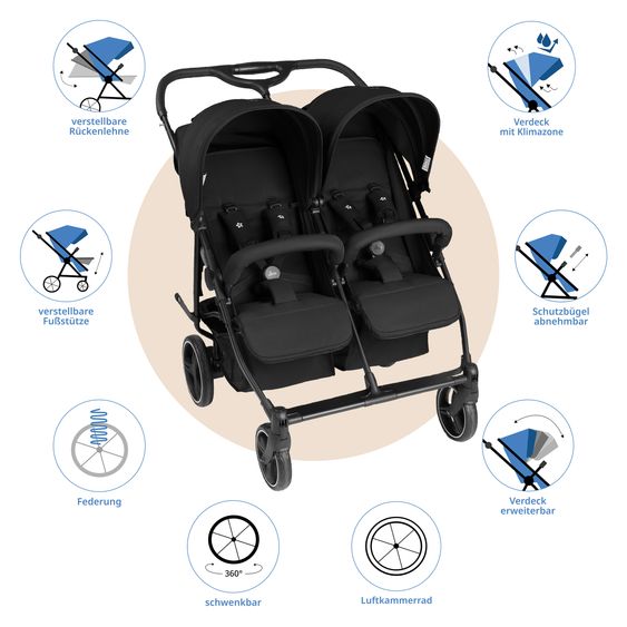 ABC Design Geschwister- & Zwillingskinderwagen D Two bis 22 kg Rücksitz mit Liegeposition und Einstiegshilfe - Black