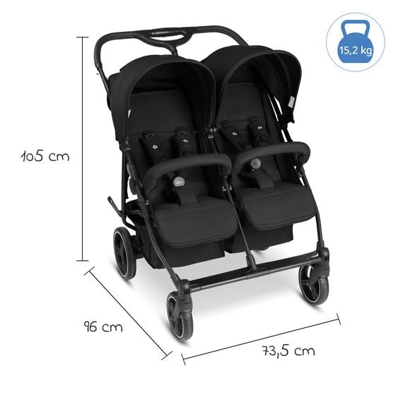 ABC Design Geschwister- & Zwillingskinderwagen D Two bis 22 kg Rücksitz mit Liegeposition und Einstiegshilfe - Black