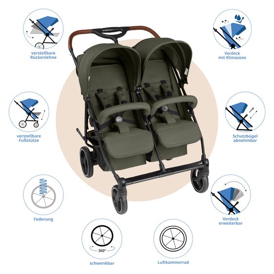 ABC Design Geschwister- & Zwillingskinderwagen D Two bis 22 kg Rücksitz mit Liegeposition und Einstiegshilfe - Pure - Wheat