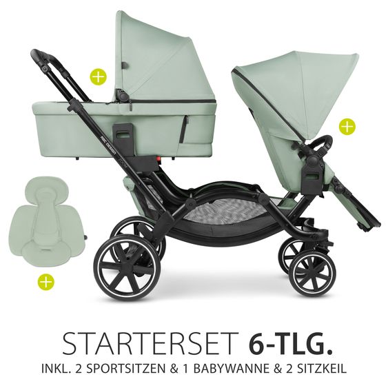 ABC Design Passeggino fratellare e passeggino gemellare Zoom - Set economico da 6 pezzi con 2 seggiolini sportivi, navicella e 2 cunei per la seduta - Pino