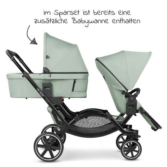 ABC Design Passeggino fratellare e passeggino gemellare Zoom - Set economico da 6 pezzi con 2 seggiolini sportivi, navicella e 2 cunei per la seduta - Pino