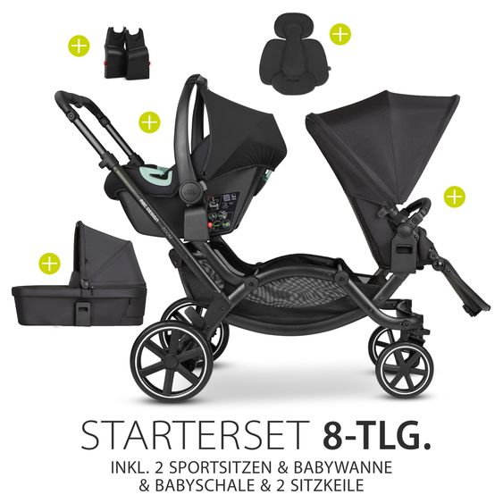 ABC Design Geschwisterwagen & Zwillingskinderwagen Zoom - 8-tlg. Sparset inkl. 2 Sportsitzen, Babywanne, Babyschale Tulip und 2x Sitzkeil - Ink