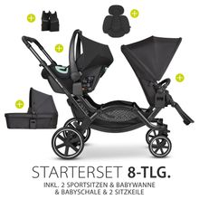 Geschwisterwagen & Zwillingskinderwagen Zoom - 8-tlg. Sparset inkl. 2 Sportsitzen, Babywanne, Babyschale Tulip und 2x Sitzkeil - Ink