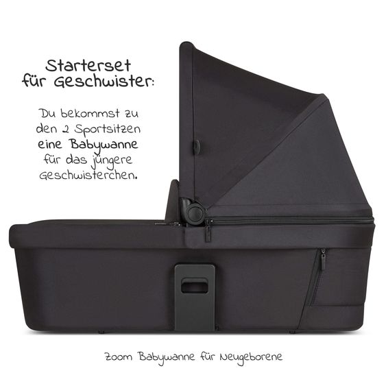 ABC Design Geschwisterwagen & Zwillingskinderwagen Zoom - 8-tlg. Sparset inkl. 2 Sportsitzen, Babywanne, Babyschale Tulip und 2x Sitzkeil - Ink