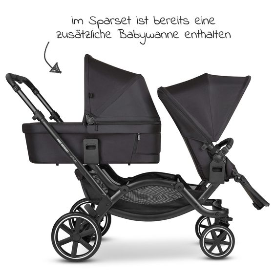 ABC Design Geschwisterwagen & Zwillingskinderwagen Zoom - 8-tlg. Sparset inkl. 2 Sportsitzen, Babywanne, Babyschale Tulip und 2x Sitzkeil - Ink