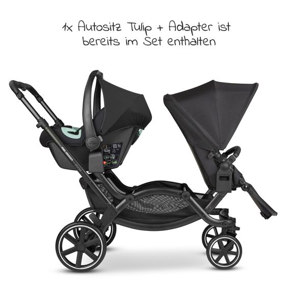 ABC Design Geschwisterwagen & Zwillingskinderwagen Zoom - 8-tlg. Sparset inkl. 2 Sportsitzen, Babywanne, Babyschale Tulip und 2x Sitzkeil - Ink