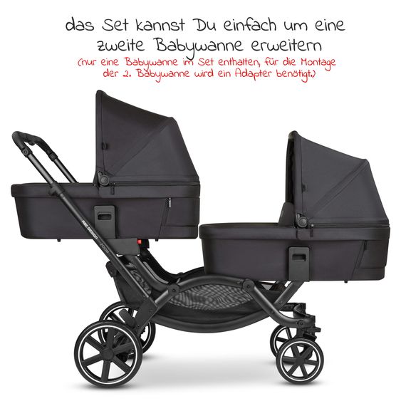 ABC Design Geschwisterwagen & Zwillingskinderwagen Zoom - 8-tlg. Sparset inkl. 2 Sportsitzen, Babywanne, Babyschale Tulip und 2x Sitzkeil - Ink