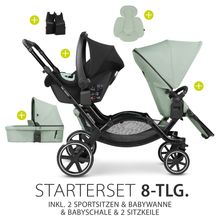 Passeggino fratellare e passeggino gemellare Zoom - Set economico da 8 pezzi con 2 sedili sportivi, navicella, seggiolino Tulip e 2 cunei - Pino