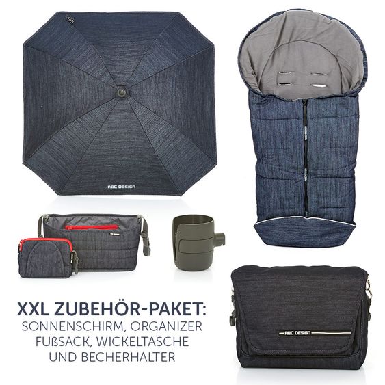 ABC Design Kombi-Kinderwagen Condor 4 - Komplett-Set mit XXL Zubehör Paket - Jeans Denim